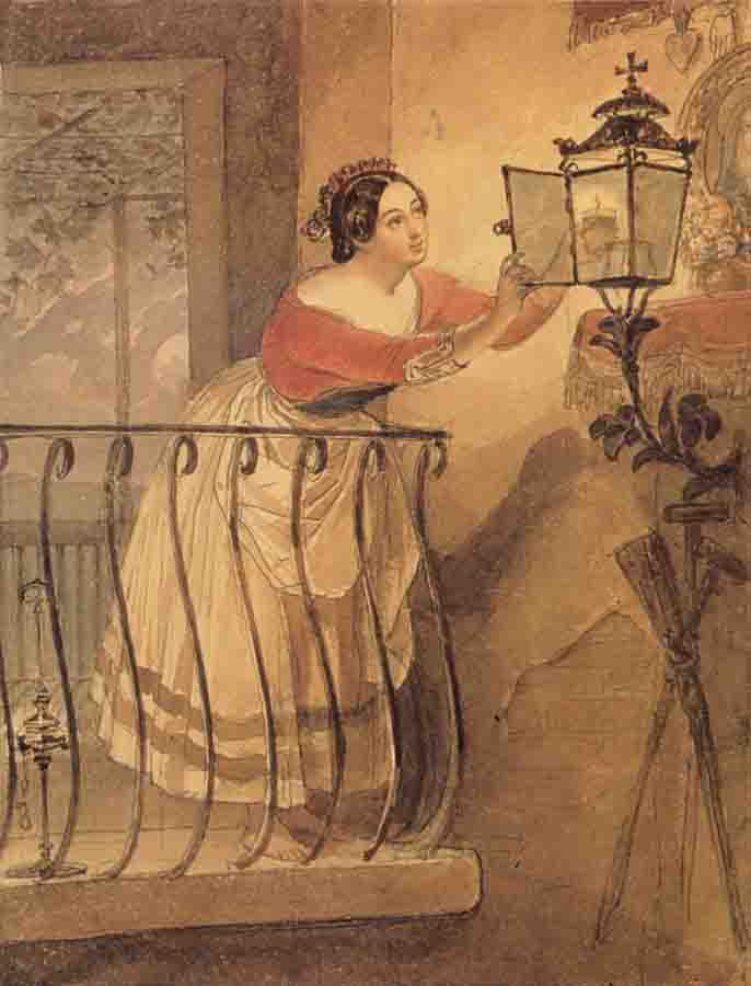 An Italian Woman Lighting a lamp bfore the Image of the Madonna